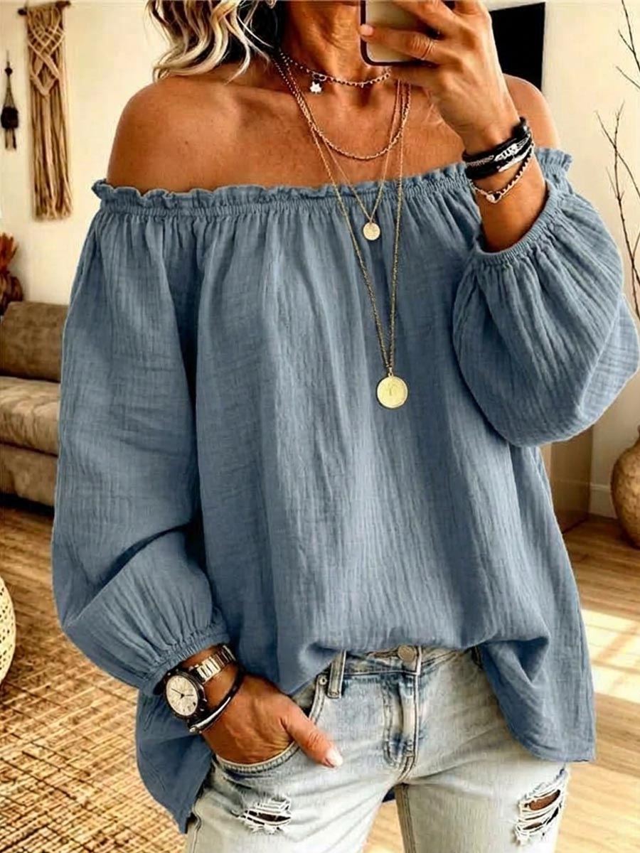 Women's Solid Color Off-shoulder Long-sleeved Casual Loose Cotton And Linen Top