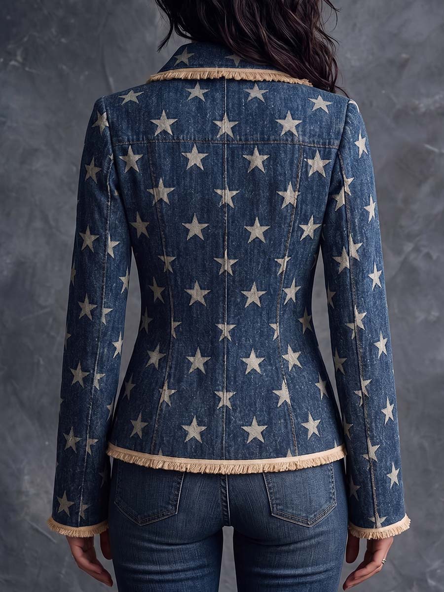 Women's Classic Star Print Collared Long Sleeve Casual Loose Denim Jacket