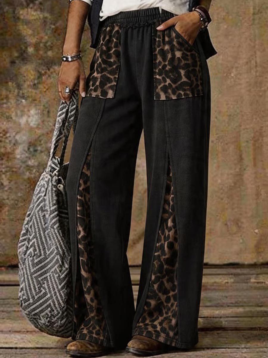 Women's Casual Wide Leg Pants With Leopard Print Splicing