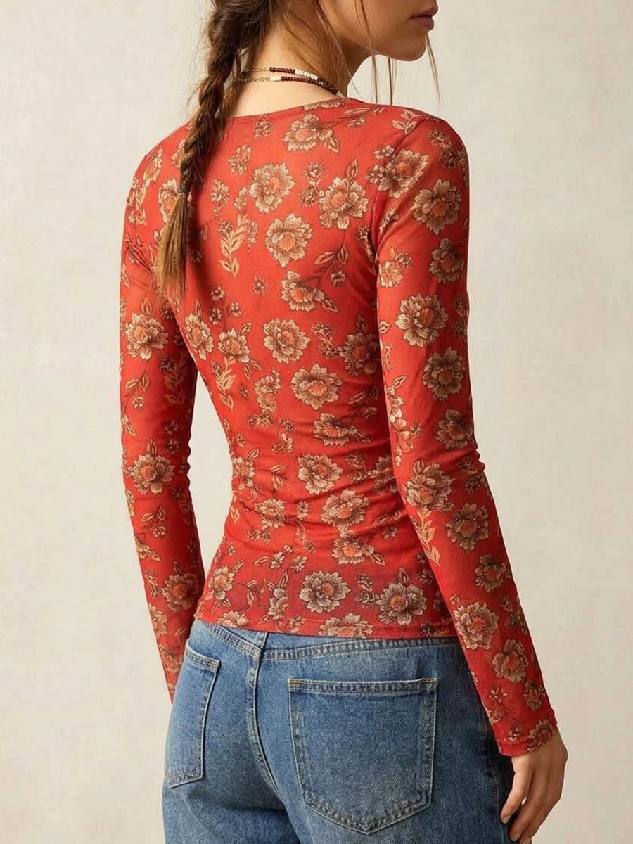Women's Boho Floral Print V-Neck Button Down Ruched Top