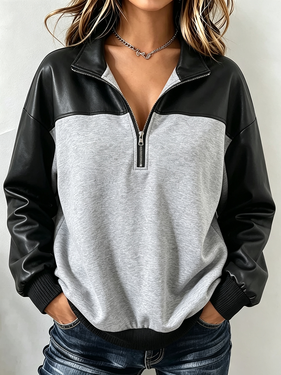Casual Quarter-zip Neck Faux Leather Paneling Hoodie