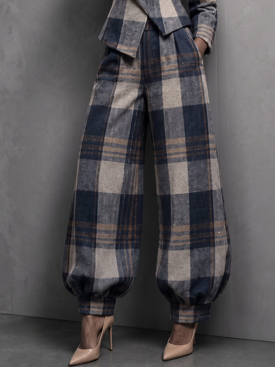 Sophisticated Plaid Cured-Hem Wide-Leg Trousers