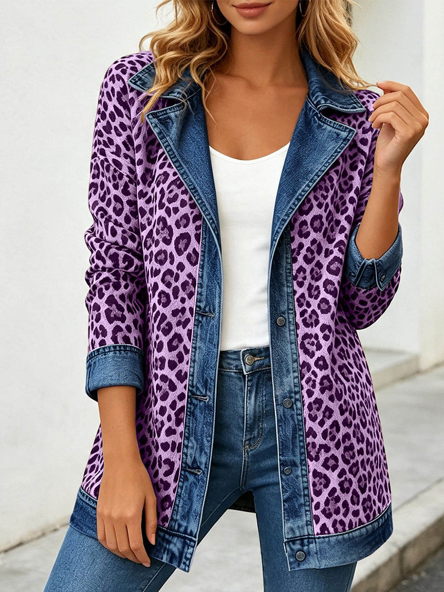 Chic Leopard Print and Denim Patchwork Jacket