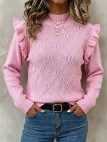 Long-sleeve Knit Sweater With A Diamond Cut-out Pattern And Lettuce-edge Trim