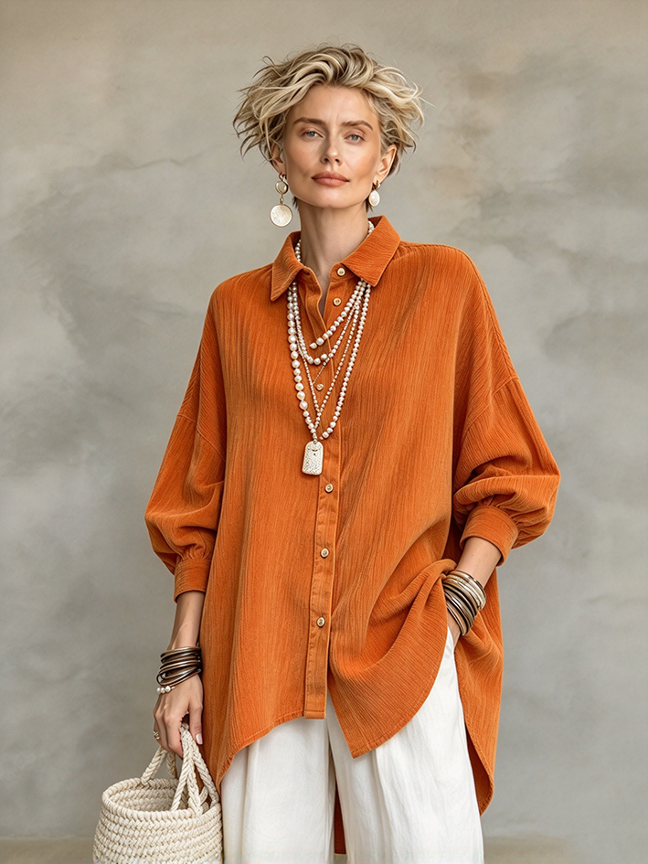 Chic Vintage Textured Orange Button-down Long Sleeve Shirt