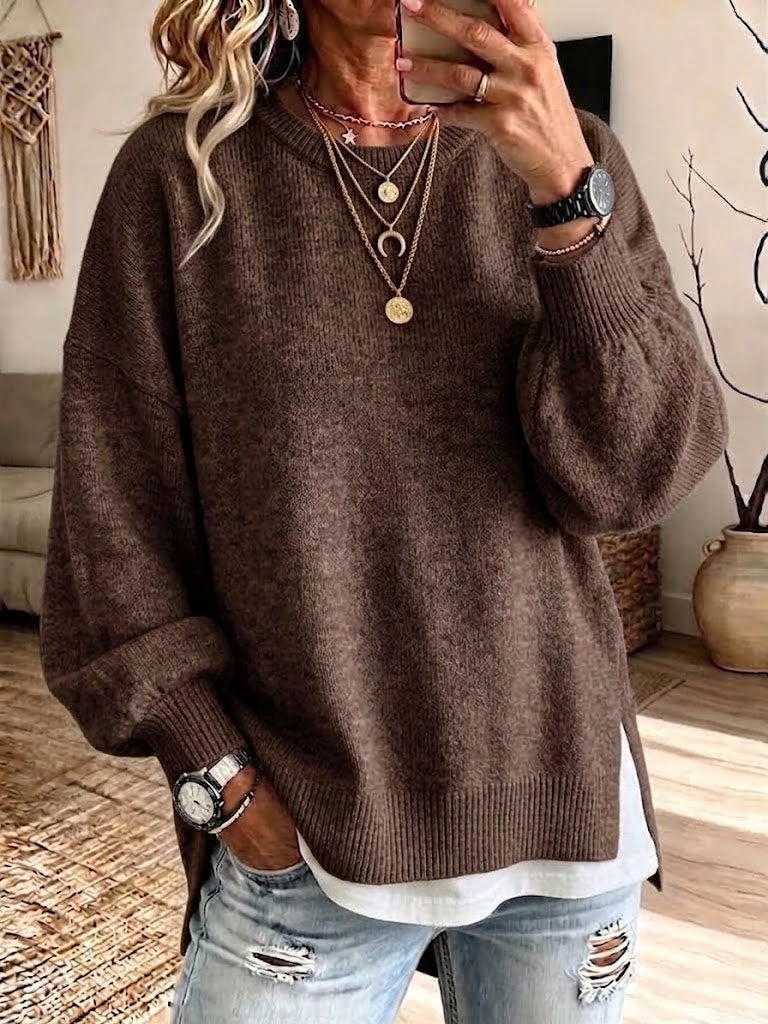 Loose-fit Knit Sweater With A Round Neck, Lantern Sleeves, And Side Slits