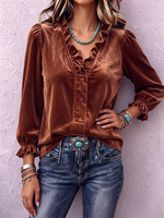 Retro Boho Ruffled Velvet Blouse