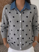 Chic Denim Patchwork Polka Dot Knit Cardigan