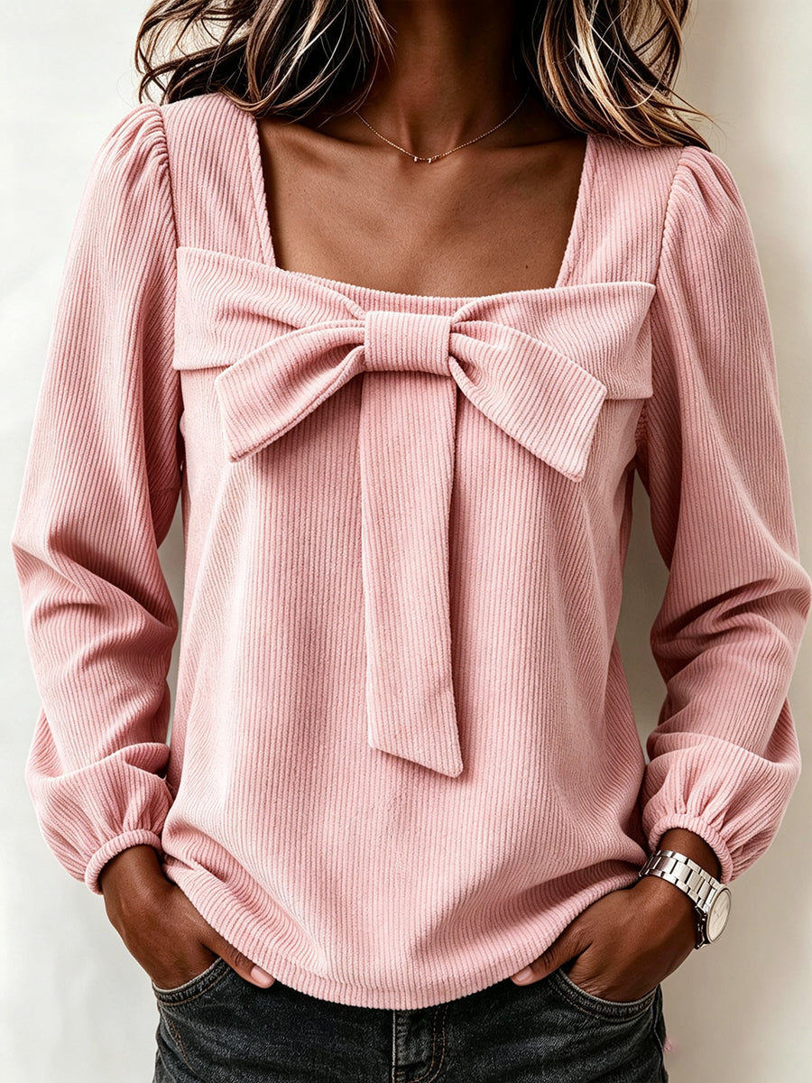 Chic Corduroy Top With A Square Neckline And Bow Detail