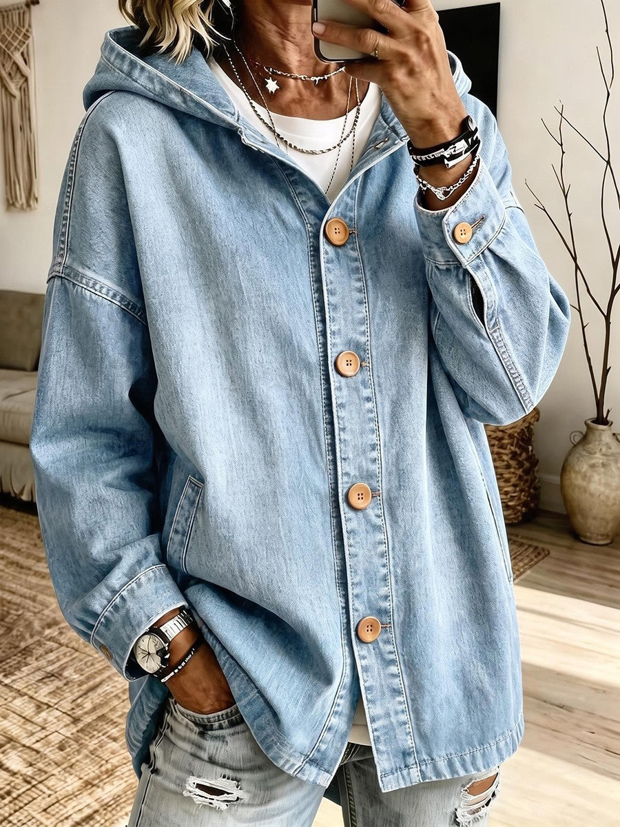 Casual Hooded Button-Front Denim Jacket