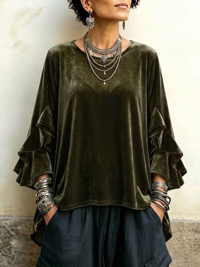 Velvet Ruffle-trim Flared-sleeve Crew-neck Top