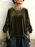 Velvet Ruffle-trim Flared-sleeve Crew-neck Top