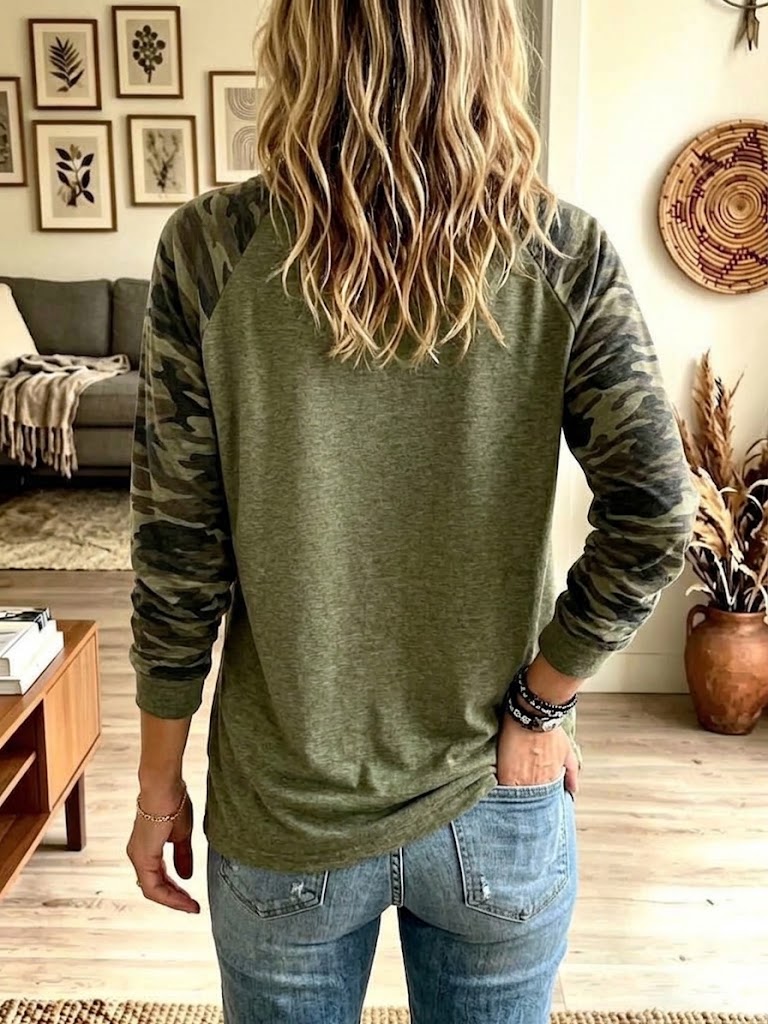V-neck Camo Patchwork Raglan Long Sleeve Top