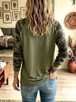 V-neck Camo Patchwork Raglan Long Sleeve Top