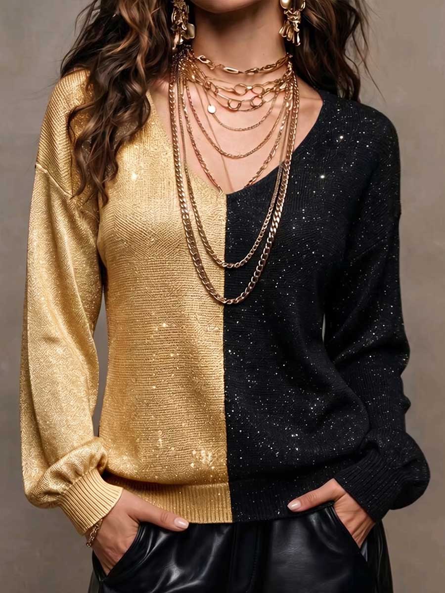 Women's V-neck Long-sleeve Casual Loose Knit Pullover With Metallic Shimmer And Color-block Detail