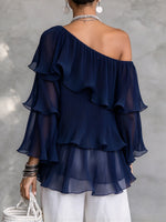 Elegant Ruffled One-Shoulder Pleated Blouse