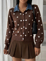 Chic Denim Patchwork Polka Dot Knit Cardigan