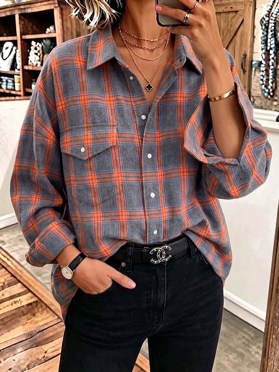 Women's Plaid Print Collared Long-sleeved Casual Loose Shirt