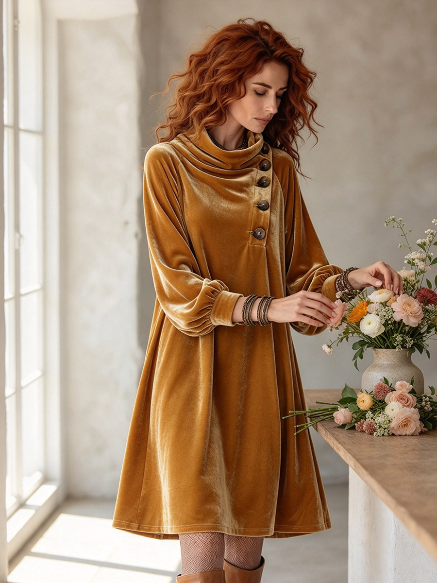 Boho Chic Velvet Asymmetric Midi Dress