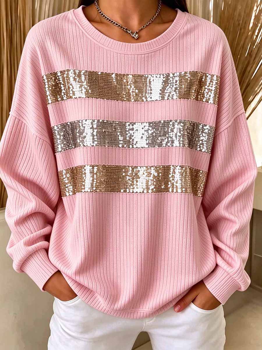 Women's Casual Crewneck Ribbed Top With Sequin Stripes