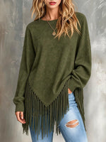 Women's Solid Color Crew Neck Long-sleeve Loose Casual Tassel Top