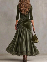 Women's Vintage Velvet Ruched Maxi Dress with Lace Trim