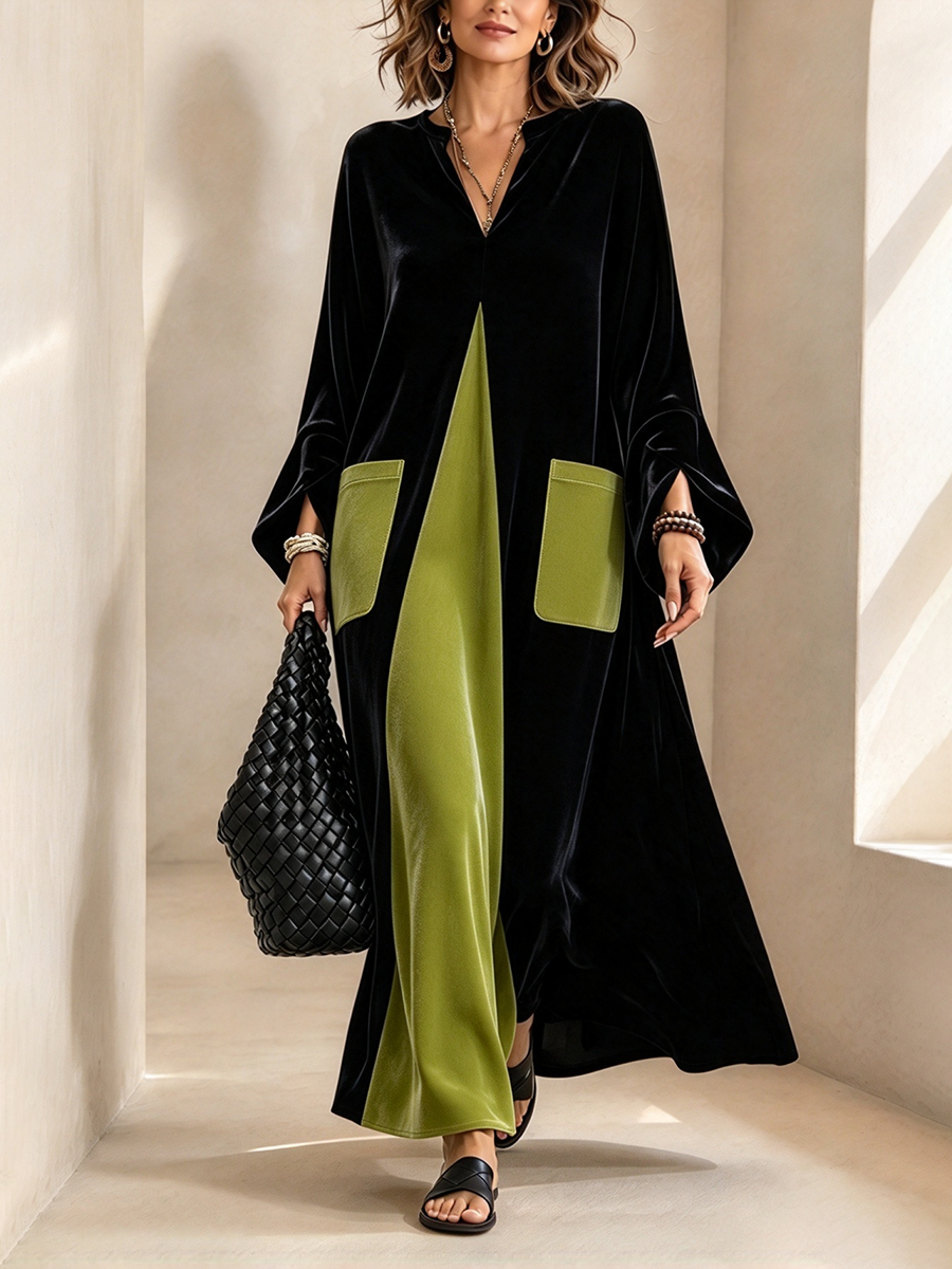 Elegant Artistic Cut Color-block Velvet Dress