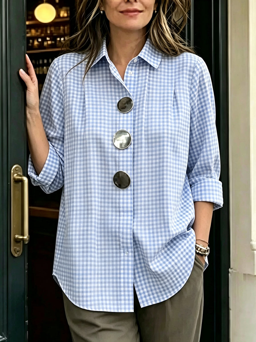 Retro Casual Plaid Cotton Shirt With Decorative Metal Buttons