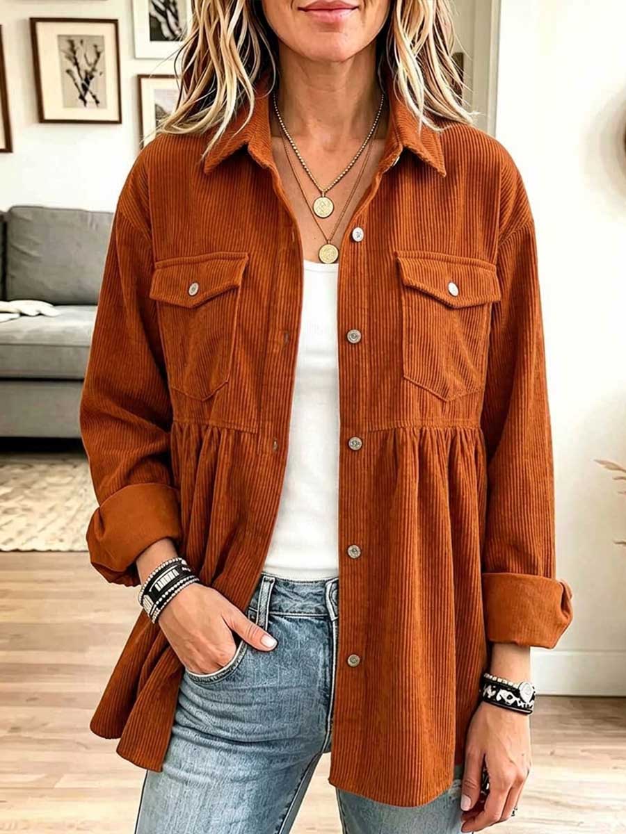 Women's Solid Color Collared Long-sleeved Casual Loose Corduroy Shirt