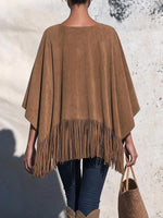 Women's Solid Color Crew Neck Long-sleeve Faux Suede Loose Casual Tassel Top
