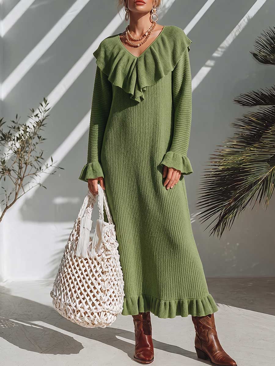 Women's Solid Color V-neck Ruffled Long-sleeve Casual Loose Knit Dress