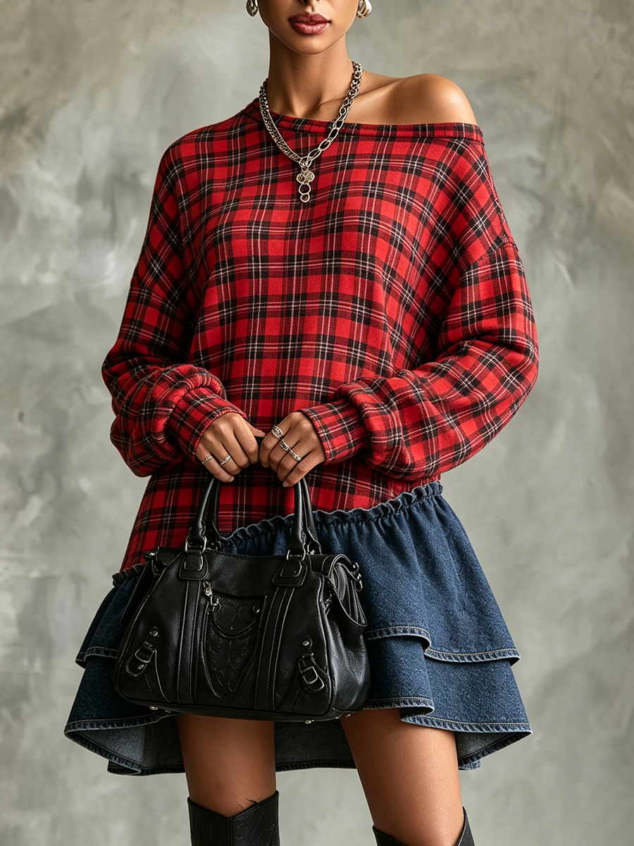 Chic Off-the-shoulder Denim Ruffles Plaid Patchwork Dress