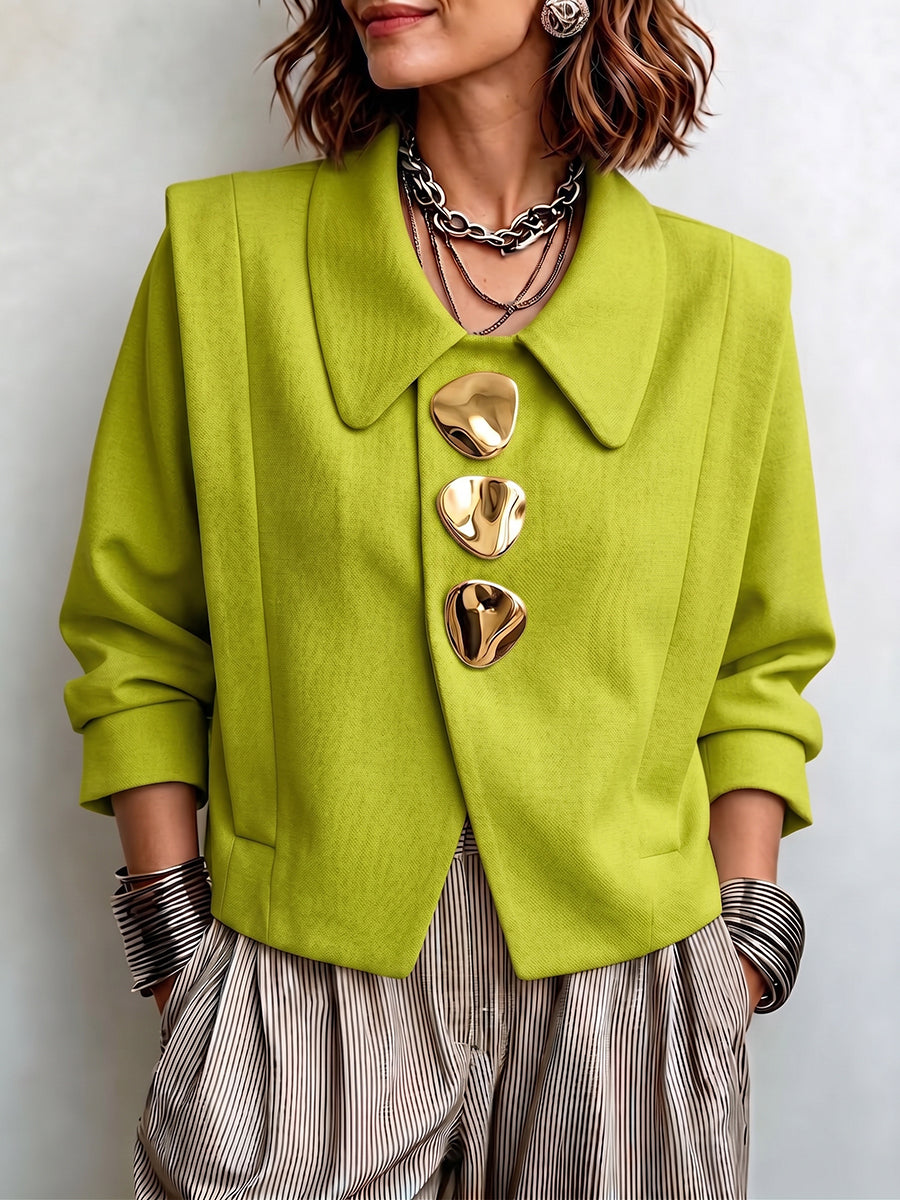 Chic Sculptural Gold-Buttoned Tailored Jacket