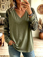 V-neck Camo Patchwork Raglan Long Sleeve Top