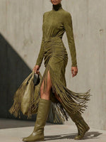 Women's Solid-color Stand-collar Long-sleeve Casual Slim-fit Tassel Dress