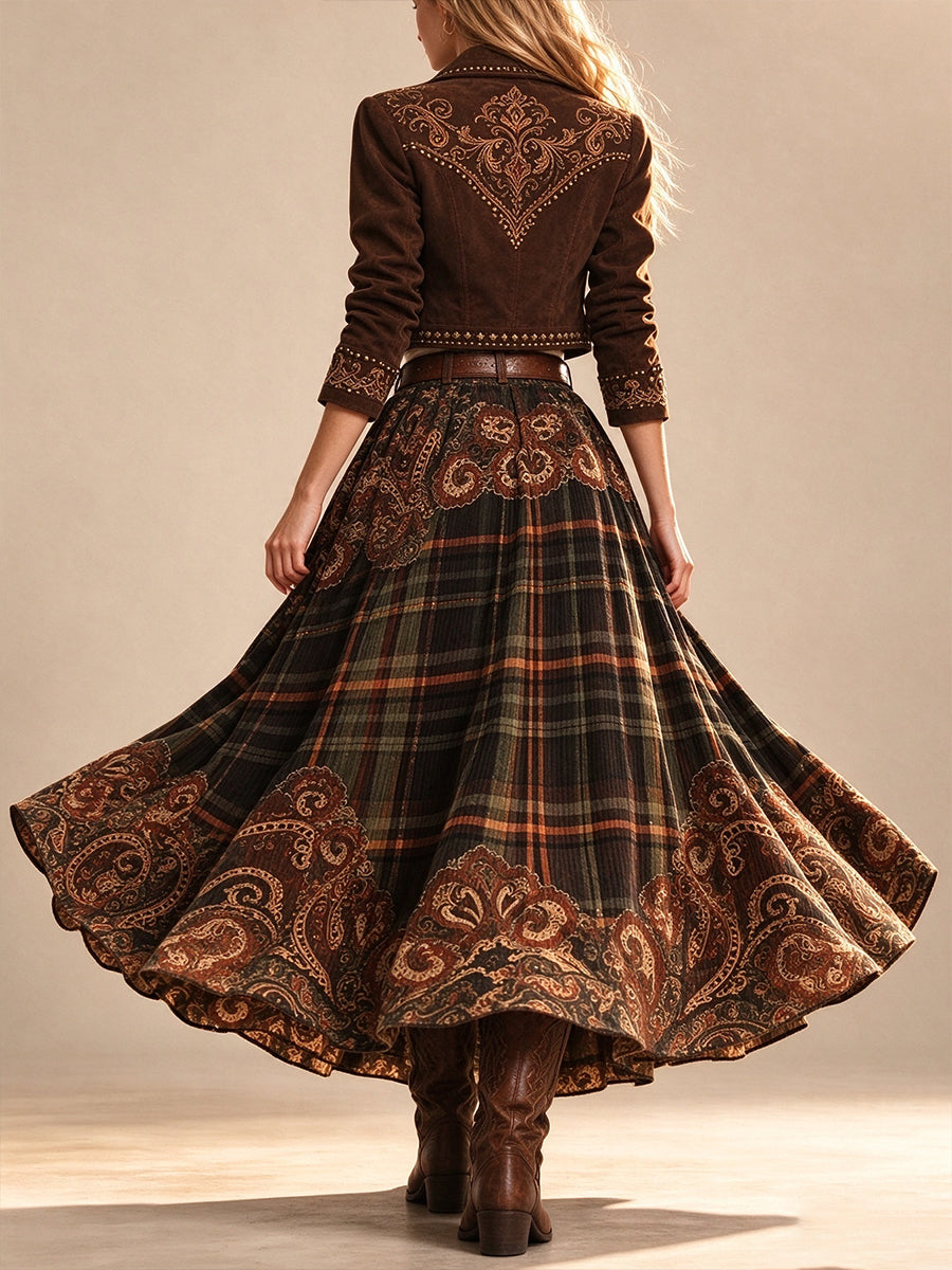 Bohemian Western Corduroy Plaid Maxi Skirt