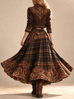 Bohemian Western Corduroy Plaid Maxi Skirt