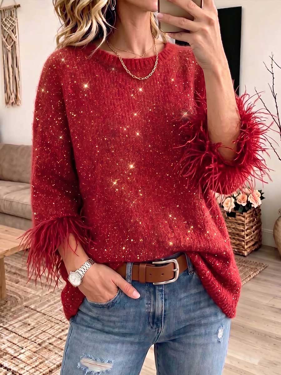 Women's Casual Loose-fit Knit Top With Faux Mink Fur Panel Crew Neck, And 3/4 Sleeves