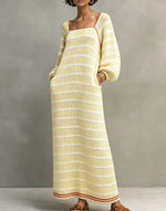 Chic Square-neck Striped Cut-out Knit Maxi Dress