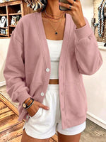 Women's Solid Color V-neck Long-sleeved Casual Loose Cotton Cardigan