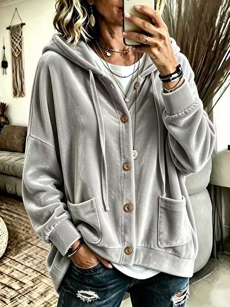 Women's Solid Color V-neck Long-sleeve Casual Loose Hooded Velour Cardigan