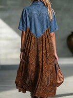 Vintage-style Patchwork Denim Midi Shirt Dress Featuring A Paisley Print.