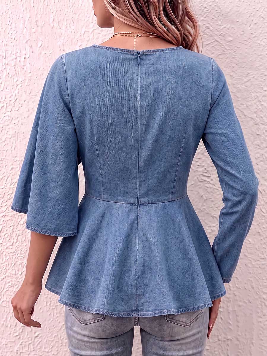 Women's Round Neck Asymmetrical Sleeve Casual Loose Denim Top