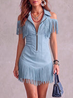 Women's Solid Color Collar Hollow-out Short Sleeve Casual Loose Tassel Dress