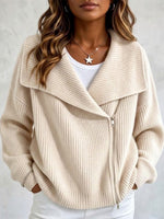 Collared Knit Jacket With Double Zippers