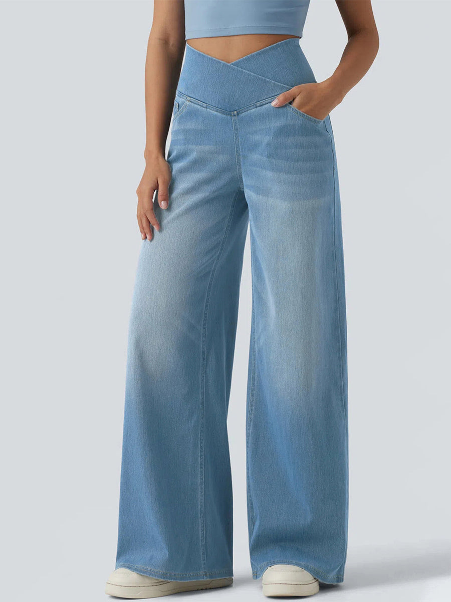 Trendy Crossover Waist High-stretch Wide-leg Jeans