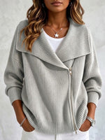 Collared Knit Jacket With Double Zippers