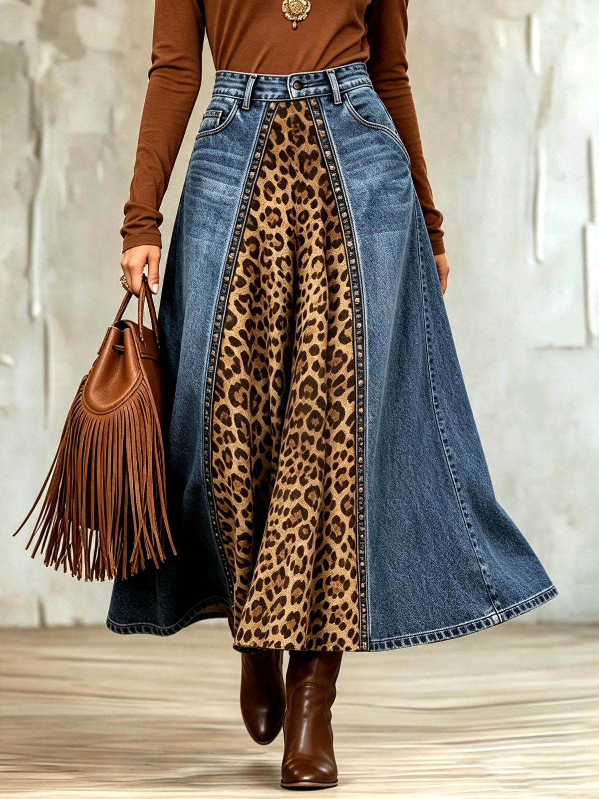 Bold Mixed-media Denim Leopard Print Skirt