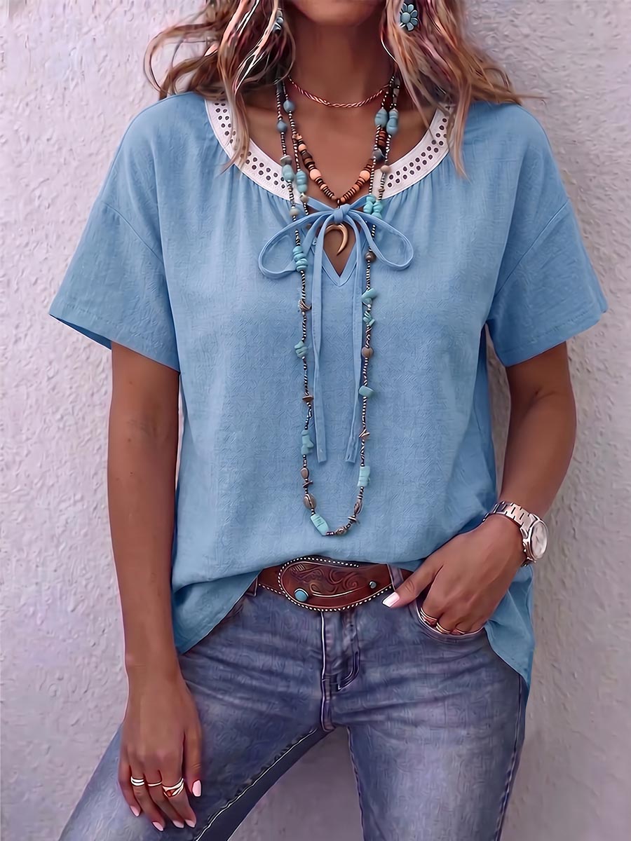Women's V-neck Tie-waist Short-sleeved Casual Loose Cotton And Linen Top