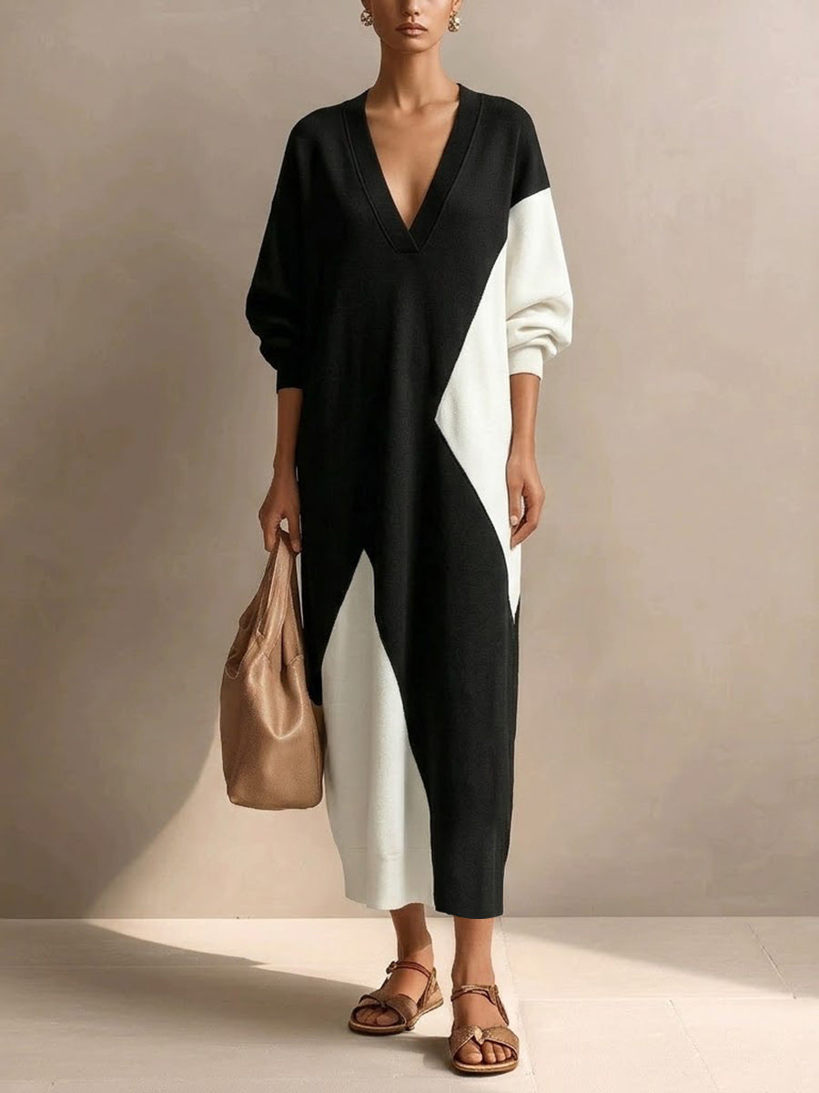 Casual Black And White Color-block Cotton Dress